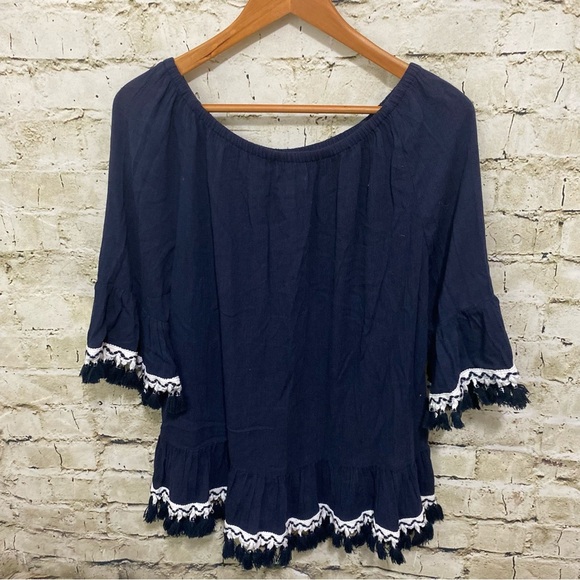 Crown & Ivy Blue White Tassle Off The Shoulder Boho Top - Picture 3 of 5